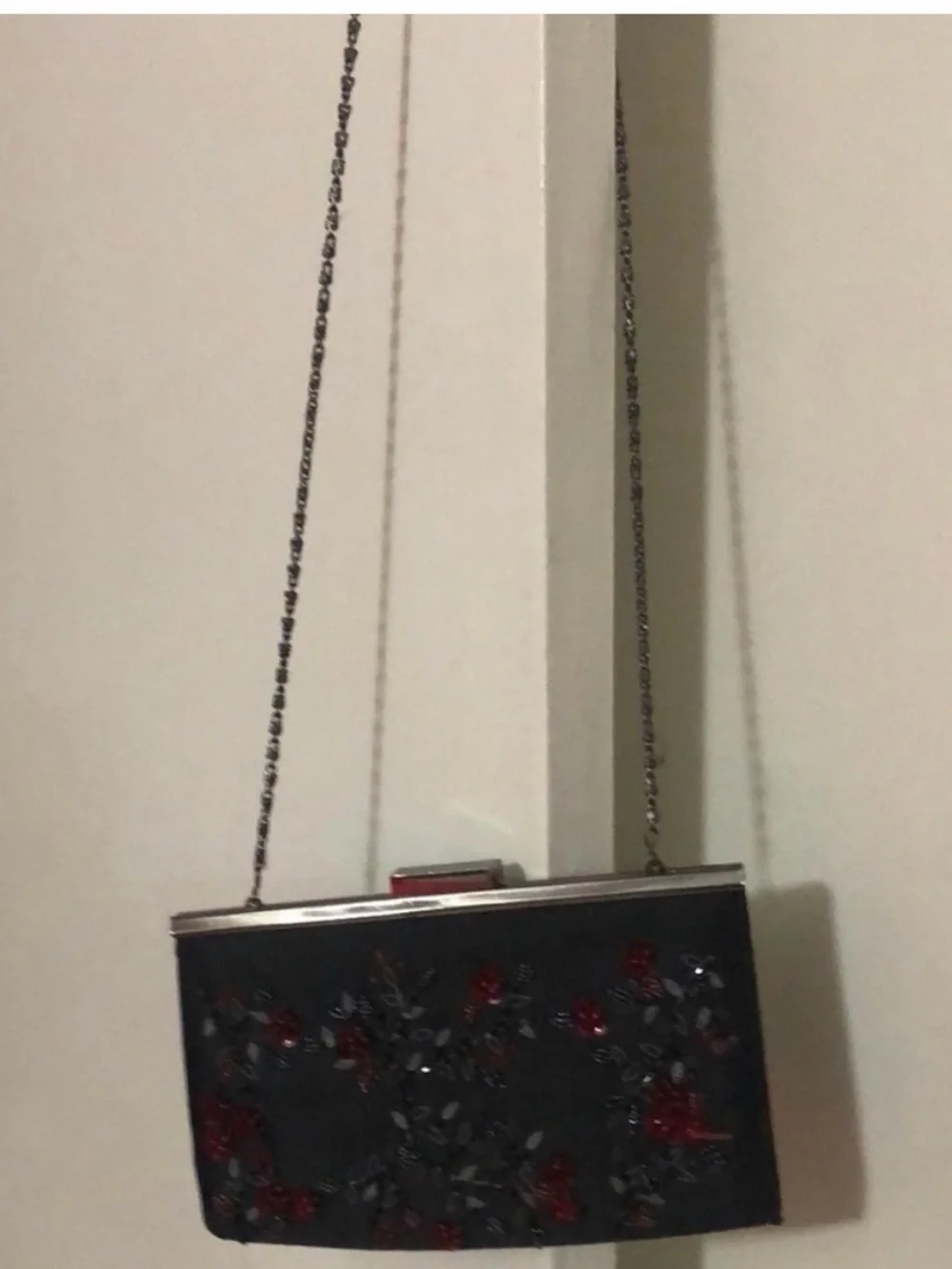 Bloomingdale's Black Evening Clutch with Red Bead Floral Embellishments